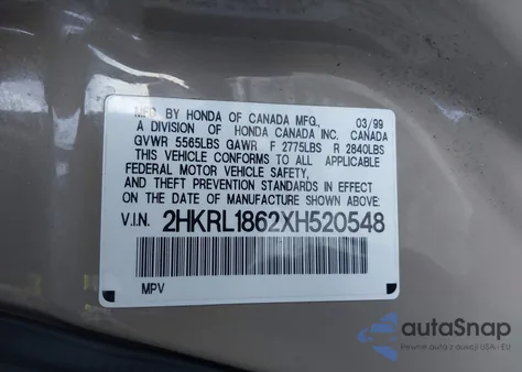 1999 Honda Odyssey Ex z USA, uszkodzony, nr VIN 2HKRL1862XH520548